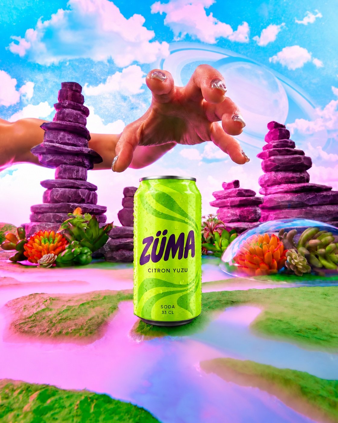 Une canette vert citron marquée ZÜMA, glacée et couverte de gouttes, dans un paysage de roches magenta sous une main géante.
